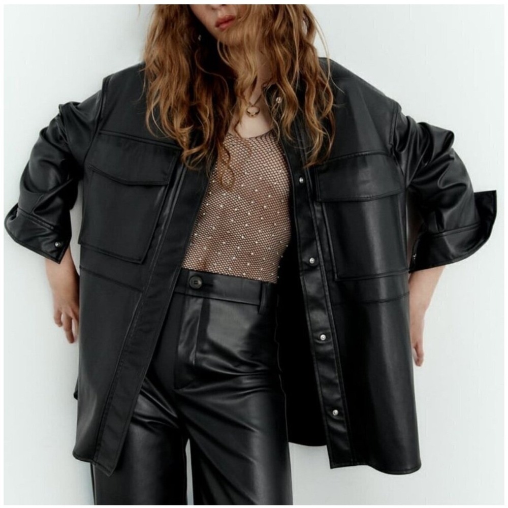 ZARA Black Faux Leather Overshirt Jacket‎ Button Front Two Pocket Size Small